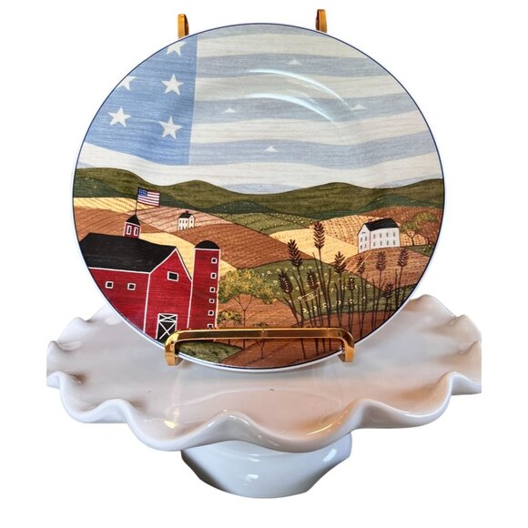 VTG Warren Kimble Americana Themed Dessert Plates Patriotic Scenes Stoneware 8" - Picture 2 of 13